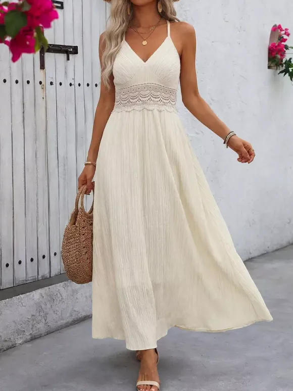 Robe longue fluide d'été pour femme couleur crème avec bretelles spaghetti et taille en dentelle blanche col en V.
