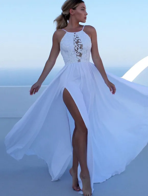 Robe longue illusion à corsage en dentelle - Robe de soirée trapèze fendue - Idéale pour un événement spécial d'été 2026