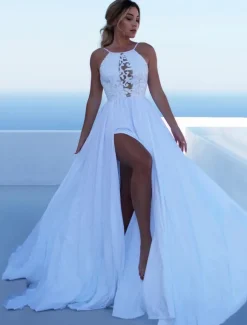 Robe longue illusion à corsage en dentelle - Robe de soirée trapèze fendue - Idéale pour un événement spécial d'été 2026
