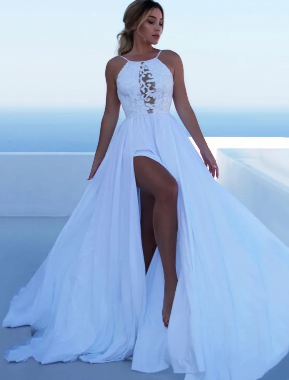 Robe longue illusion à corsage en dentelle - Robe de soirée trapèze fendue - Idéale pour un événement spécial d'été 2026