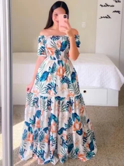 Robe longue imprimée à épaules dénudées et smocks pour femme - Robe d'été trapèze à manches courtes et volants - Idéale pour les vacances d'été à la plage 2026