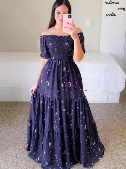 Robe longue imprimée à épaules dénudées et smocks pour femme - Robe d'été trapèze à manches courtes et volants - Idéale pour les vacances d'été à la plage 2026