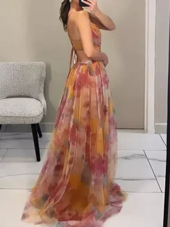 Robe longue à imprimé floral et bretelles découpes croisées à la taille longueur au sol élégante robe de soirée longue pour femme 2026