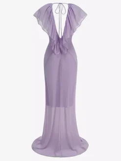 Robe longue élégante en mousseline à volants et col en V pour femme - Robe d'été bohème lavande dos nu fluide coupe trapèze - Invitée à un mariage d'été à la plage 2026