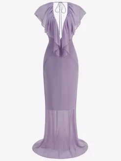 Robe longue élégante en mousseline à volants et col en V pour femme - Robe d'été bohème lavande dos nu fluide coupe trapèze - Invitée à un mariage d'été à la plage 2026