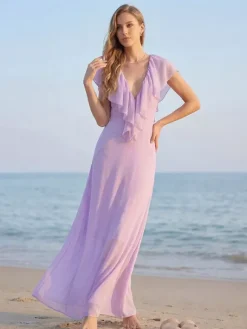 Robe longue élégante en mousseline à volants et col en V pour femme - Robe d'été bohème lavande dos nu fluide coupe trapèze - Invitée à un mariage d'été à la plage 2026