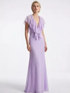 Robe longue élégante en mousseline à volants et col en V pour femme - Robe d'été bohème lavande dos nu fluide coupe trapèze - Invitée à un mariage d'été à la plage 2026