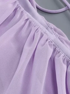 Robe longue élégante en mousseline à volants et col en V pour femme - Robe d'été bohème lavande dos nu fluide coupe trapèze - Invitée à un mariage d'été à la plage 2026