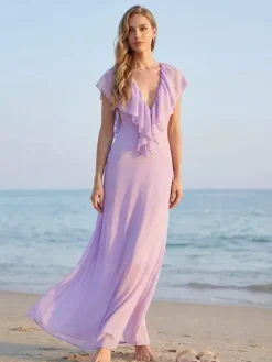 Robe longue élégante en mousseline à volants et col en V pour femme - Robe d'été bohème lavande dos nu fluide coupe trapèze - Invitée à un mariage d'été à la plage 2026