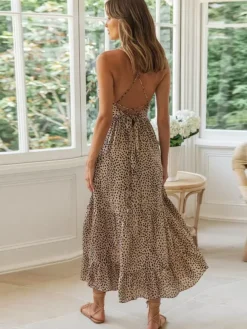 Robe longue léopard pour femme - Imprimé marron bretelles spaghetti col en V coupe évasée à volants - Collection été 2026