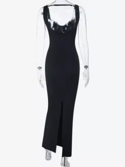 Robe longue maxi à col bénitier pour femme - Robe moulante noire élégante avec bordure en dentelle - Tenue de cocktail pour les soirées de printemps 2026
