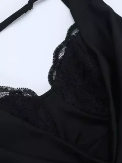 Robe longue maxi à col bénitier pour femme - Robe moulante noire élégante avec bordure en dentelle - Tenue de cocktail pour les soirées de printemps 2026