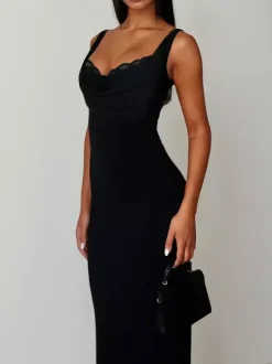 Robe longue maxi à col bénitier pour femme - Robe moulante noire élégante avec bordure en dentelle - Tenue de cocktail pour les soirées de printemps 2026