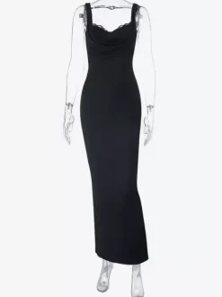 Robe longue maxi à col bénitier pour femme - Robe moulante noire élégante avec bordure en dentelle - Tenue de cocktail pour les soirées de printemps 2026