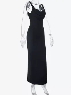 Robe longue maxi à col bénitier pour femme - Robe moulante noire élégante avec bordure en dentelle - Tenue de cocktail pour les soirées de printemps 2026