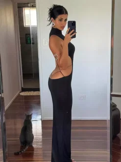 Robe longue maxi dos nu pour femme - Robe moulante noire à col montant et détail papillon - Tenue de soirée estivale 2026