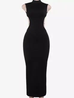 Robe longue maxi dos nu pour femme - Robe moulante noire à col montant et détail papillon - Tenue de soirée estivale 2026