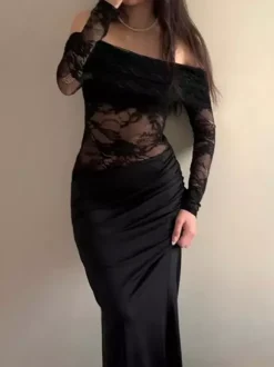Robe longue maxi en dentelle à épaules dénudées pour femme - Robe moulante noire gothique à manches transparentes - Tenues de gala printanières 2026