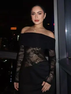 Robe longue maxi en dentelle à épaules dénudées pour femme - Robe moulante noire gothique à manches transparentes - Tenues de gala printanières 2026