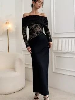 Robe longue maxi en dentelle à épaules dénudées pour femme - Robe moulante noire gothique à manches transparentes - Tenues de gala printanières 2026
