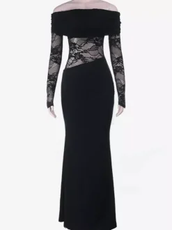 Robe longue maxi en dentelle à épaules dénudées pour femme - Robe moulante noire gothique à manches transparentes - Tenues de gala printanières 2026