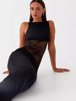 Robe longue maxi en dentelle patchwork pour femme - Élégante robe moulante sans manches à dos nu - Idéale pour une soirée d'été formelle 2026