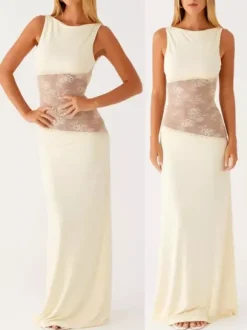 Robe longue maxi en dentelle patchwork pour femme - Élégante robe moulante sans manches à dos nu - Idéale pour une soirée d'été formelle 2026