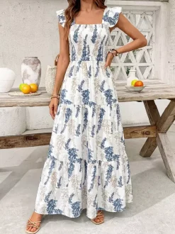 Robe longue maxi à imprimé feuilles blanches et bleues pour femme col carré manches à volants smockées et superposées robe d'été décontractée