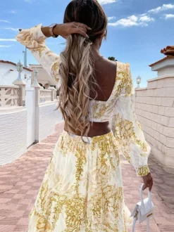 Robe longue maxi à imprimé feuilles découpées pour femme - Robe longue tropicale à manches lanternes col en V et volants - Collection printemps-été 2026