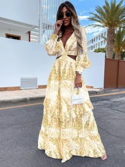 Robe longue maxi à imprimé feuilles découpées pour femme - Robe longue tropicale à manches lanternes col en V et volants - Collection printemps-été 2026