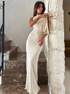 Robe longue maxi épaules dénudées pour femme - Robe moulante élégante et minimaliste - Soirée de gala d'été 2026