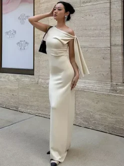 Robe longue maxi épaules dénudées pour femme - Robe moulante élégante et minimaliste - Soirée de gala d'été 2026