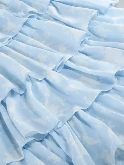 Robe longue maxi à volants et fleurs bleu clair pour femme - Robe d'été longue dos nu à étages style cottagecore - Garden-party d'été 2026