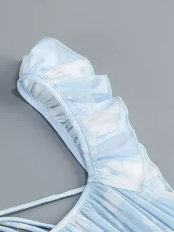 Robe longue maxi à volants et fleurs bleu clair pour femme - Robe d'été longue dos nu à étages style cottagecore - Garden-party d'été 2026