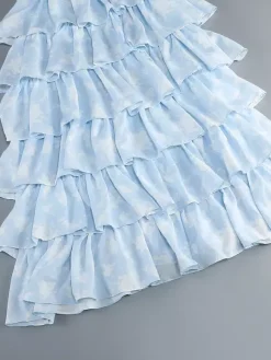 Robe longue maxi à volants et fleurs bleu clair pour femme - Robe d'été longue dos nu à étages style cottagecore - Garden-party d'été 2026