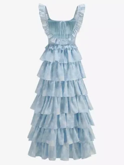 Robe longue maxi à volants et fleurs bleu clair pour femme - Robe d'été longue dos nu à étages style cottagecore - Garden-party d'été 2026