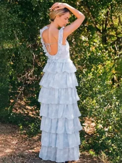 Robe longue maxi à volants et fleurs bleu clair pour femme - Robe d'été longue dos nu à étages style cottagecore - Garden-party d'été 2026