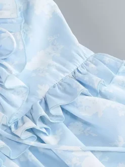 Robe longue maxi à volants et fleurs bleu clair pour femme - Robe d'été longue dos nu à étages style cottagecore - Garden-party d'été 2026