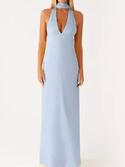 Robe longue minimaliste dos nu sans manches à col halter pour femme - Élégante robe de bal dos nu avec foulard - Soirée formelle d'été 2026