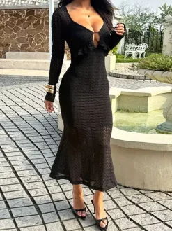 Robe longue moulante à col en V pour femme - Noire sexy à volants et découpes - Tenue idéale pour les fêtes et mariages de printemps 2026