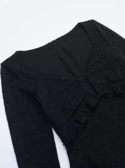 Robe longue moulante à col en V pour femme - Noire sexy à volants et découpes - Tenue idéale pour les fêtes et mariages de printemps 2026