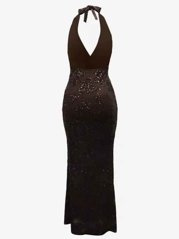 Robe longue moulante dos nu à sequins floraux et décolleté en V profond pour femme 2026