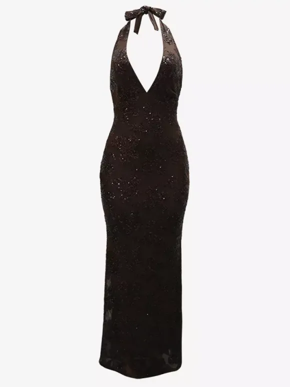 Robe longue moulante dos nu à sequins floraux et décolleté en V profond pour femme 2026