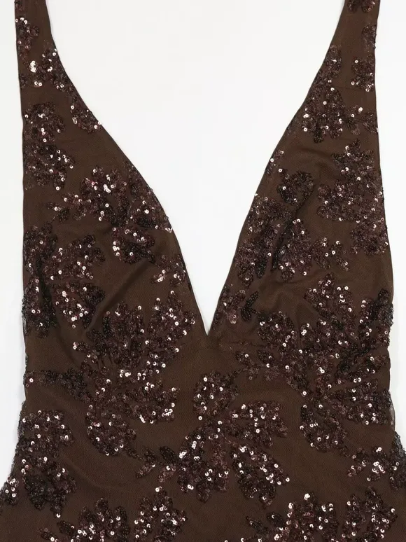 Robe longue moulante dos nu à sequins floraux et décolleté en V profond pour femme 2026