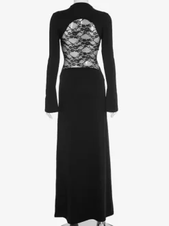 Robe longue moulante en dentelle noire à empiècements et col montant pour femme 2026