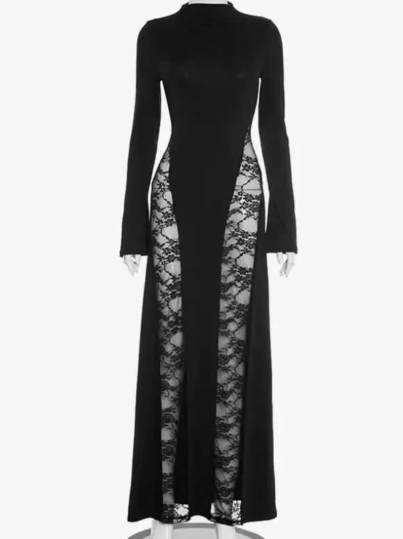 Robe longue moulante en dentelle noire à empiècements et col montant pour femme 2026