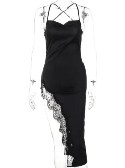 Robe Longue Moulante Femme avec Bretelles à Col Décolleté Coupe Cintrée avec Fente Unicolore