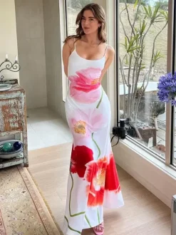 Robe longue moulante à imprimé floral pour femme - Robe sirène coupe slim à fines bretelles - Collection été 2026