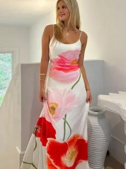 Robe longue moulante à imprimé floral pour femme - Robe sirène coupe slim à fines bretelles - Collection été 2026