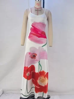 Robe longue moulante à imprimé floral pour femme - Robe sirène coupe slim à fines bretelles - Collection été 2026